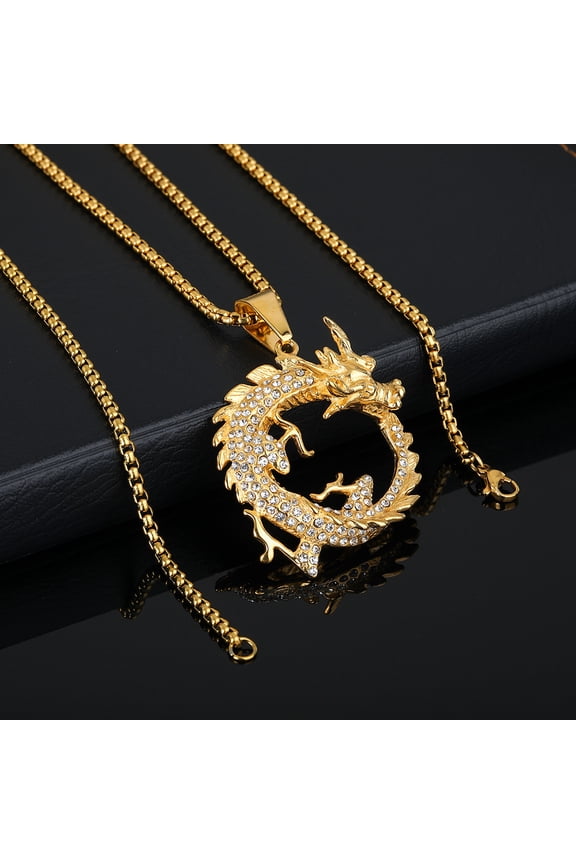 Hip Hop Bling Iced Out 14K Yellow Gold Dragon Round Pendants Necklace for Men Rapper Jewelry