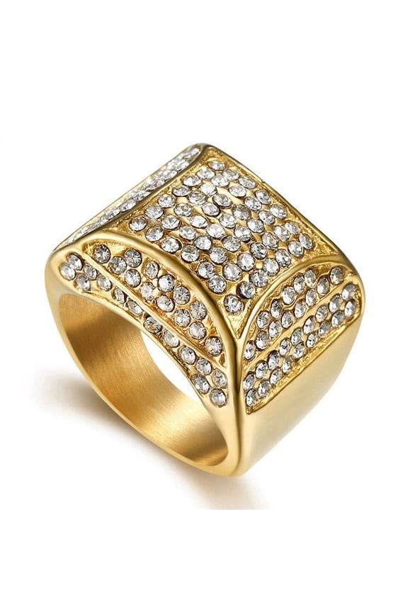 Hip Hop Bling Iced Out 14K Yellow Gold Geometric Round Finger Rings for Men Rapper Jewelry