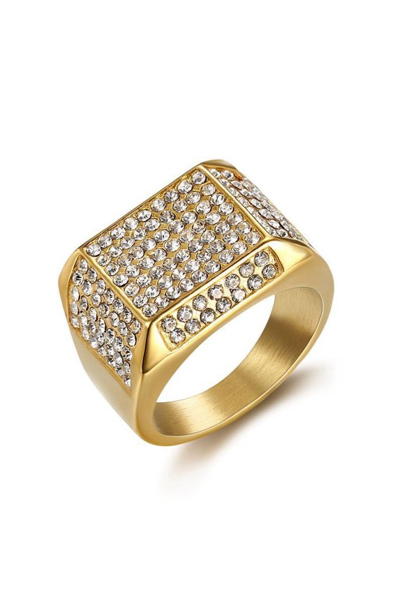 Hip Hop Bling Iced Out 14K Yellow Gold Geometric Square Finger Rings for Men Rapper Jewelry Golden Color