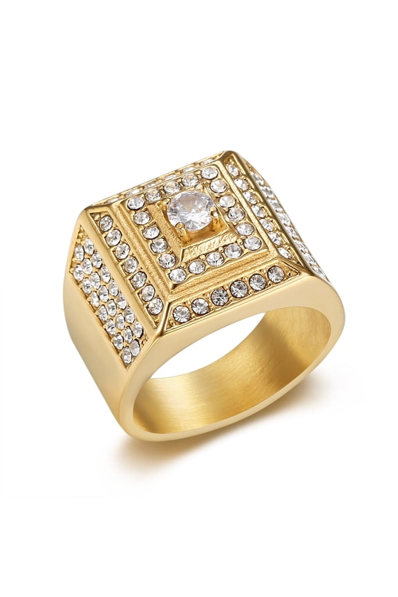 Hip Hop Bling Iced Out 14K Yellow Gold Geometric Square Finger Rings for Men Rapper Jewelry Golden Silver Color