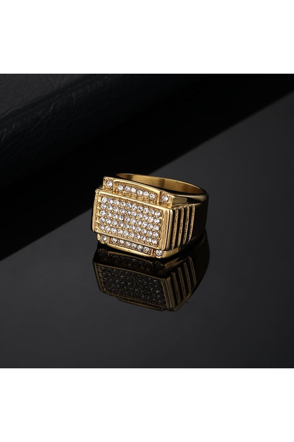 Hip Hop Bling Iced Out 14K Yellow Gold Geometric Square Finger Rings for Men Rapper Jewelry