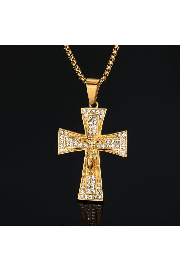 Hip Hop Bling Iced Out 14K Yellow Gold INRI Crucifix Jesus Cross Pendant Necklace for Men Rapper Jewelry