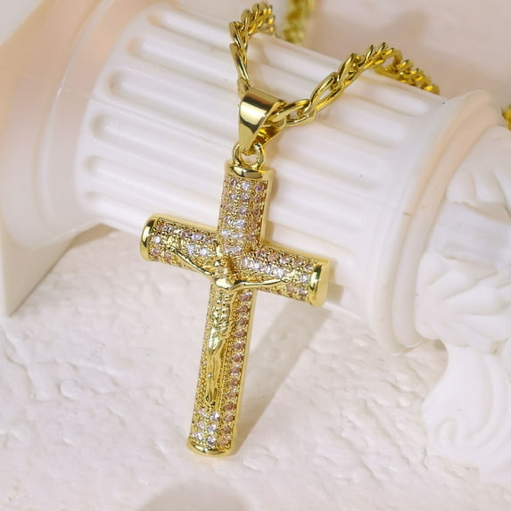 Hip Hop Bling Iced Out 14K Yellow Gold INRI Crucifix Jesus Cross Pendants Necklace for Men Rapper Jewelry