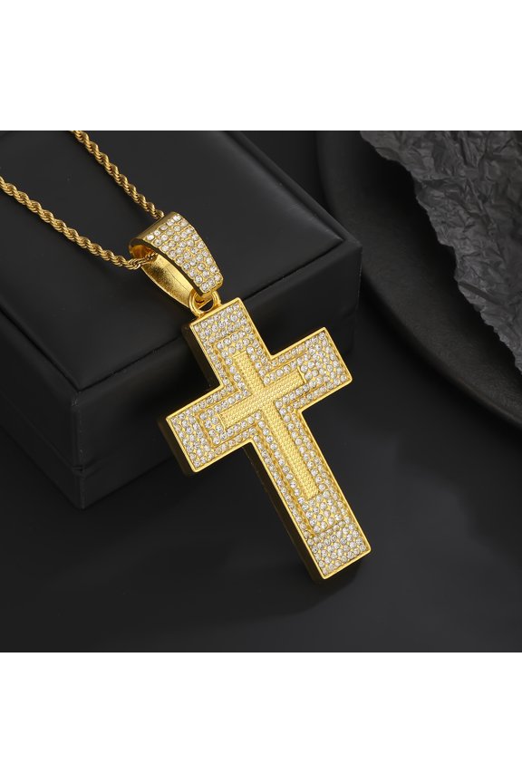 Hip Hop Bling Iced Out 14K Yellow Gold Jerusalem Cross Pendants Necklaces for Men Rapper Jewelry Gift