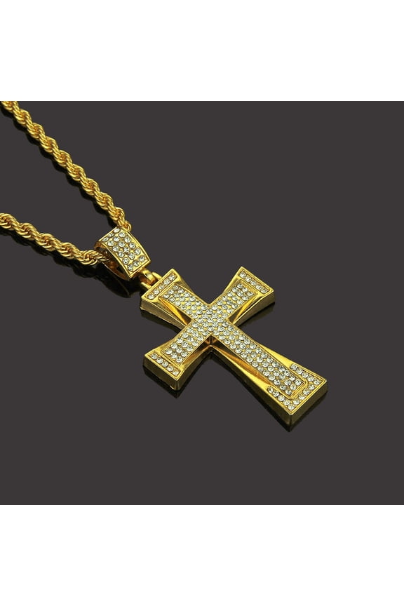 Hip Hop Bling Iced Out 14K Yellow Gold Jerusalem Cross Pendants Necklaces for Men Rapper Jewelry Gift