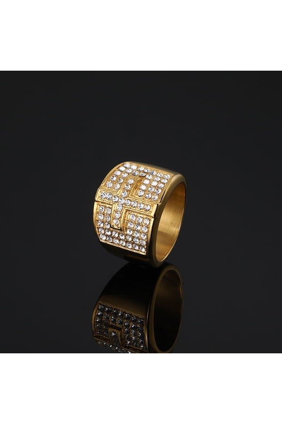 Hip Hop Bling Iced Out 14K Yellow Gold Pattern Finger Rings for Men Rapper Jewelry Golden Silver Color