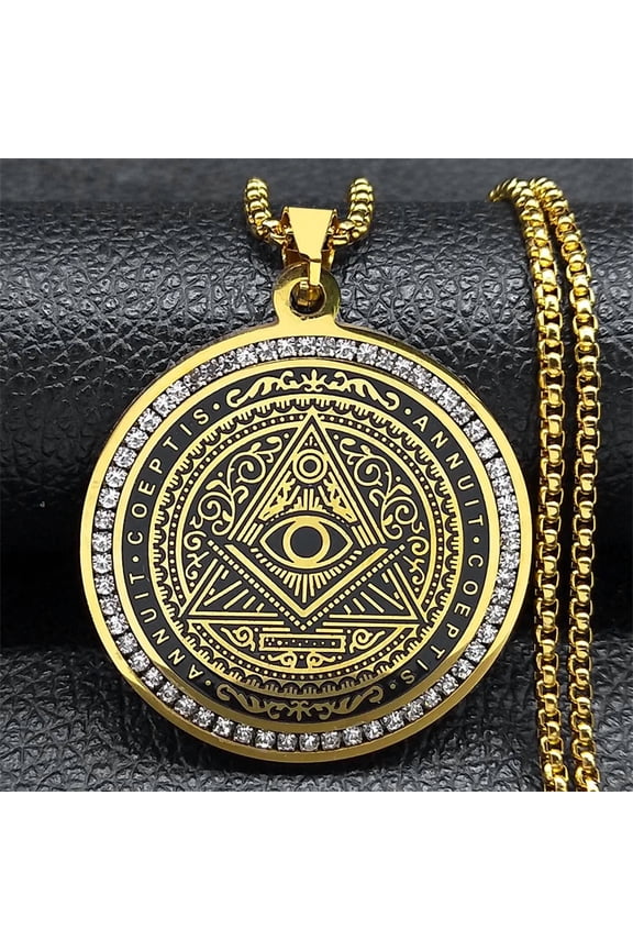 Hip Hop Bling Iced Out CZ 14K Gold Illuminati Eye Freemasonry Masonic Round Pendants Necklaces for Men Rapper Jewelry