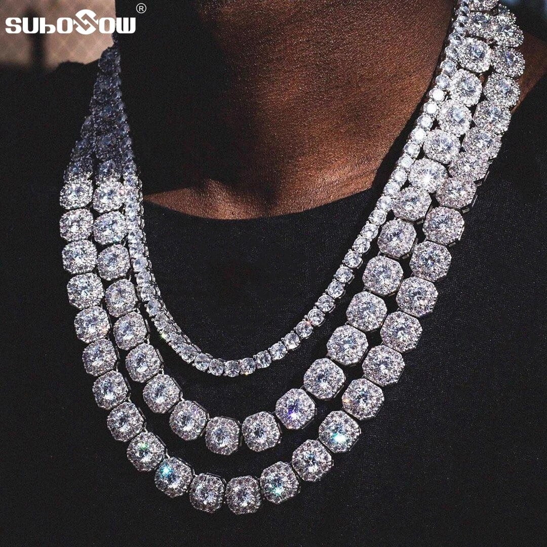 Hip Hop Bling Iced Out Clustered Tennis Chain Necklace For Men Crystal Square Cuban Link Chain