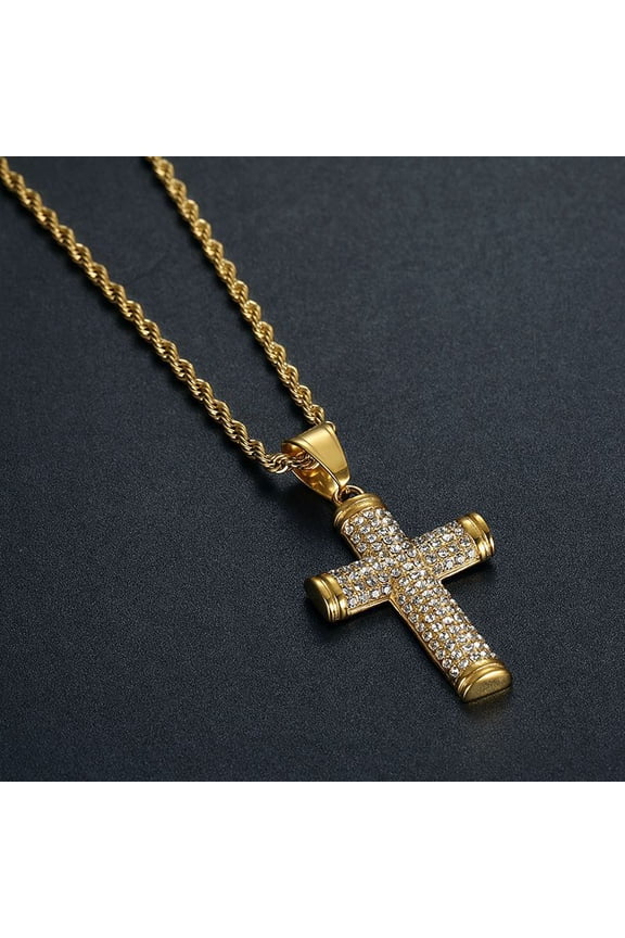 Hip Hop Bling Iced Out Golden Silver Color 14K Yellow Gold Semi Cylindrical Cross Pendant Necklace for Men Rapper Jewelry
