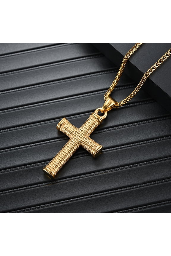 Hip Hop Bling Iced Out Golden Silver Color 14K Yellow Gold Semi Cylindrical Cross Pendant Necklace for Men Rapper Jewelry