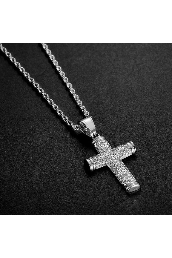 Hip Hop Bling Iced Out Golden Silver Color 14K Yellow Gold Semi Cylindrical Cross Pendant Necklace for Men Rapper Jewelry