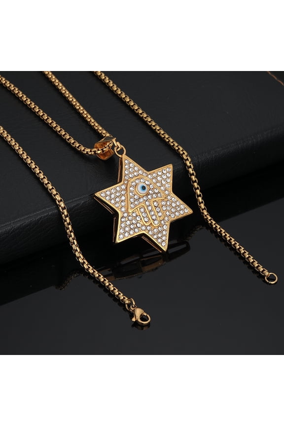 Hip Hop Bling Iced Out Rhinestone 14K Yellow Gold Jewish Star of David Hexagram Pendant Necklace for Men Rapper Jewelry