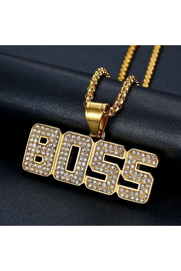 Hip Hop Bling Iced Out Rhinestone14K Yellow Gold Boss Letters Pendant Necklace for Men Rapper Jewelry