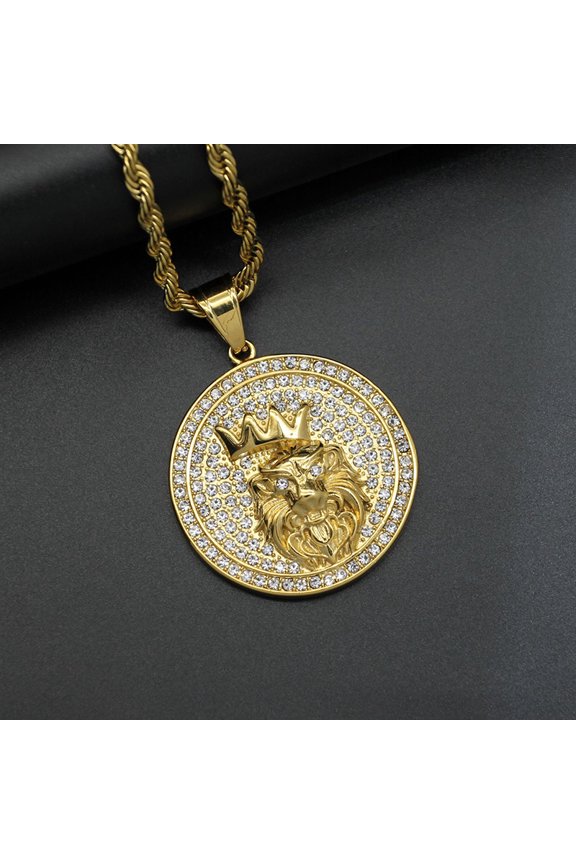 Hip Hop Bling Iced Out Rhinestones 14K Gold Crown Lion Round Pendant Necklace for Men Rapper Jewelry