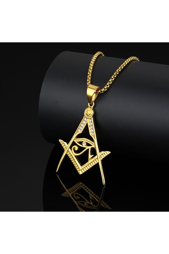 Hip Hop Bling Iced Out Rhinestones 14K Gold Masonic Freemasonry Pendant Necklace for Men Rapper Jewelry