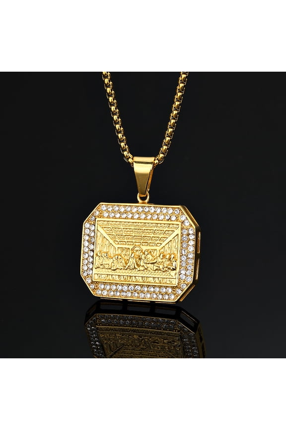 Hip Hop Bling Iced Out Rhinestones 14K Yellow Gold The Last Supper Geometric Square Pendant Necklace for Men Rapper Jewelry