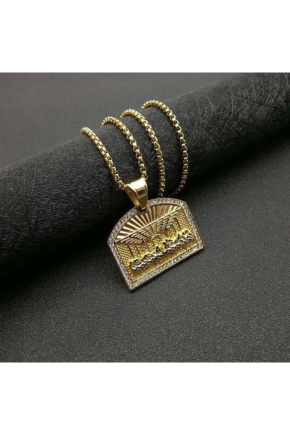 Hip Hop Bling Iced Out Rhinestones 14K Yellow Gold The Last Supper Geometric Square Pendant Necklace for Men Rapper Jewelry