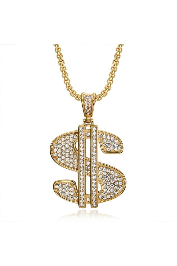 Hip Hop Bling Iced Out Solid 14K Yellow Gold Dollars Money Sign $ Pendants Necklaces for Men Rapper Jewelry