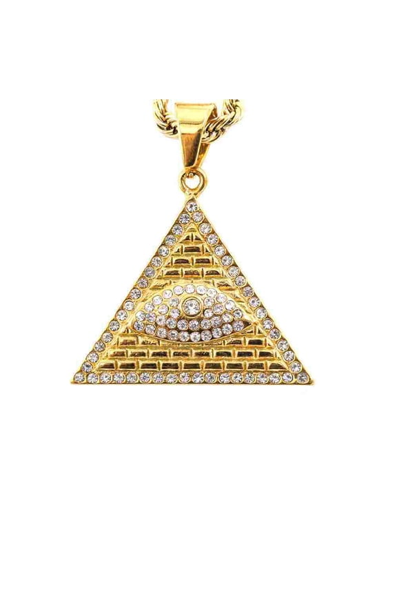 Hip Hop Bling Iced Out Solid 14K Yellow Gold Illuminati Masonic Pyramid Eye of God Pendants Necklace for Men Rapper Jewelry
