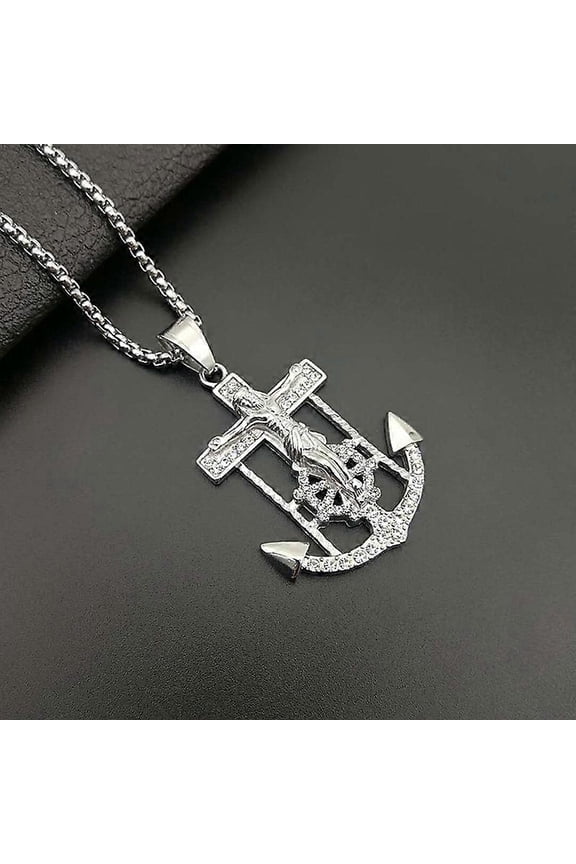Hip Hop Bling Iced Out Stainless Steel Inri Crucifix Jesus Anchor Rudder Pendants Neckalce For Men Rapper Jewelry