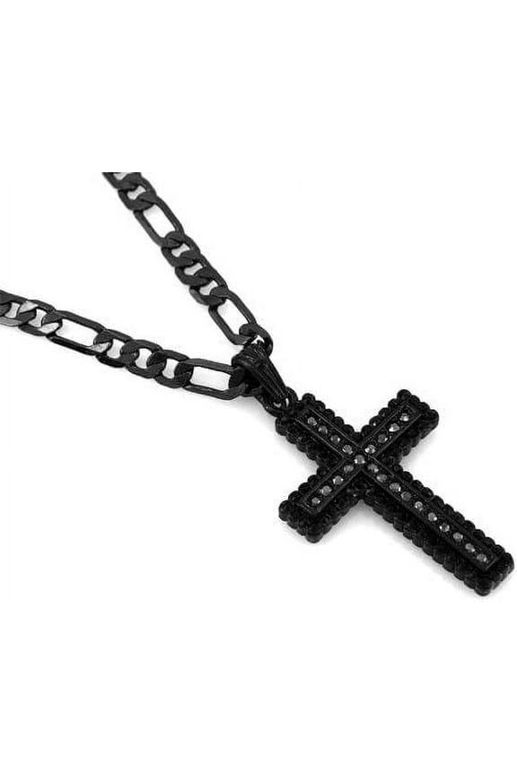 Hip-Hop Bling Iced Silver Tone Black & Clear BLOCK CROSS Pendant Necklace 24" chain,