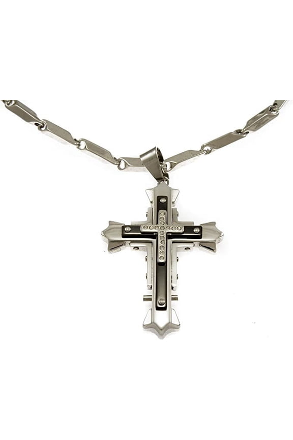 Hip Hop Bling Iced Surgical Stainless Steel 3 Layer Cross Silver Tone Pendant 36" Chain