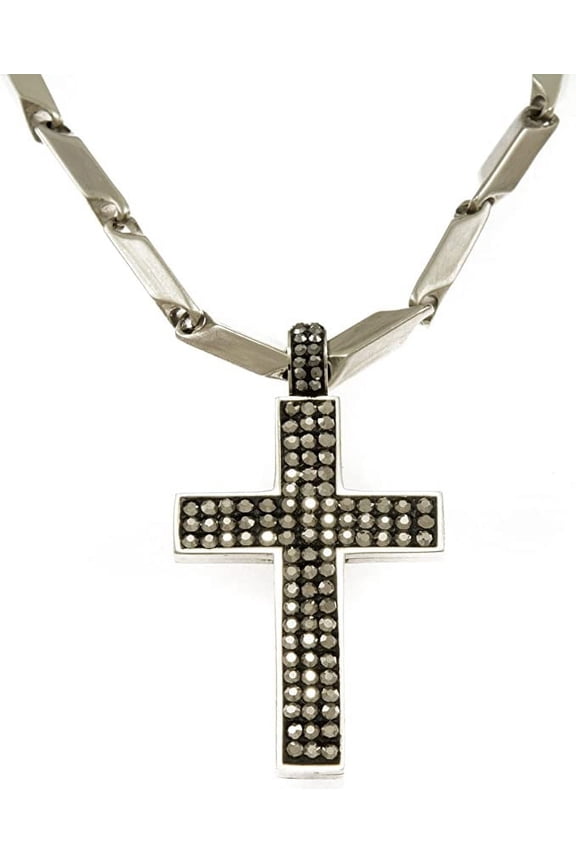 Hip Hop Bling Iced Surgical Stainless Steel Block Cross Silver Tone Pendant 36" Chain