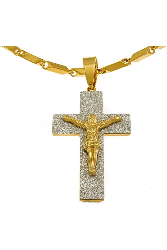 Hip Hop Bling Iced Surgical Stainless Steel Block Crucifix Cross Gold Tone Pendant 36" Chain