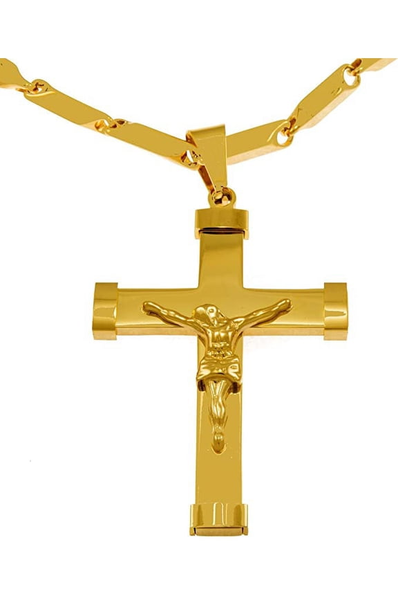 Hip Hop Bling Iced Surgical Stainless Steel Crucifix Cross Gold Tone Pendant 36" Chain