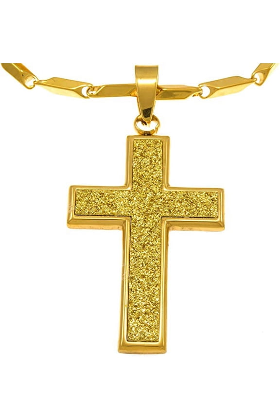 Hip Hop Bling Iced Surgical Stainless Steel Pava Block Cross Gold Tone Pendant 36" Chain