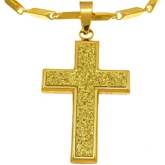 Hip Hop Bling Iced Surgical Stainless Steel Pava Block Cross Gold Tone Pendant 36" Chain