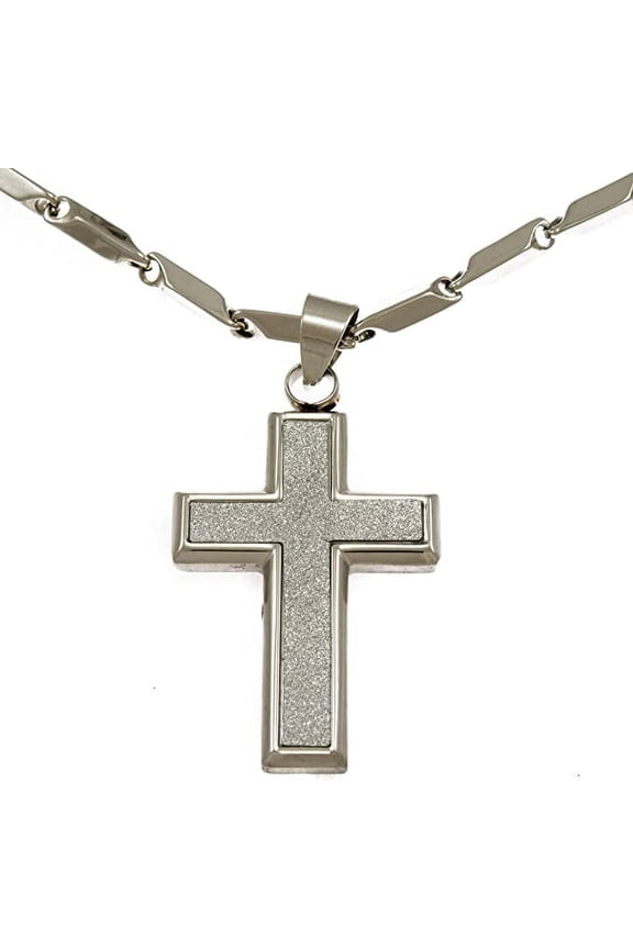 Hip Hop Bling Iced Surgical Stainless Steel Pava Block Cross Silver Tone Pendant 36" Chain