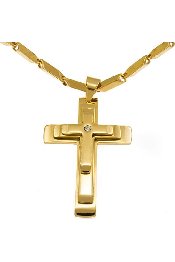 Hip Hop Bling Iced Surgical Stainless Steel Trinity Cross Gold Tone Pendant 36" Chain