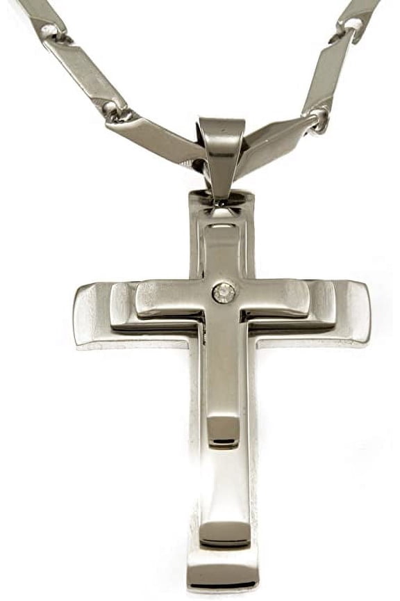 Hip Hop Bling Iced Surgical Stainless Steel Trinity Cross Silver Tone Pendant 36" Chain