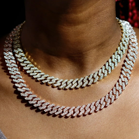 Hip Hop Bling Paved Rhinestones Cuban Chain Choker Necklace For Women 12mm Iced Out Rose Gold Color Prong Cuban Necklace Jewelry SH