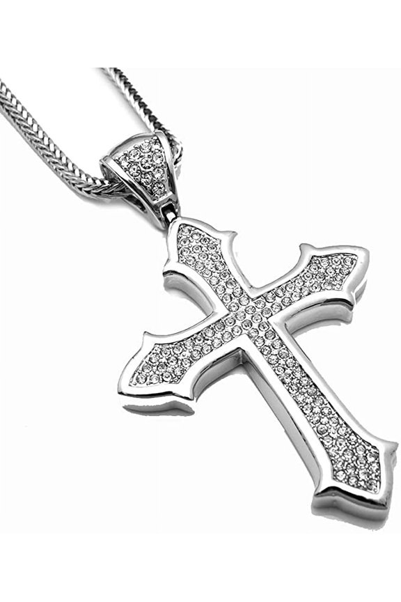 Hip Hop Bling Rodium Plated Silver Tone Coptic Cross CZ Pendant
