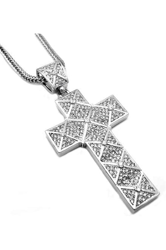 Hip Hop Bling Rodium Plated Silver Tone Engrailed Cross CZ Pendant