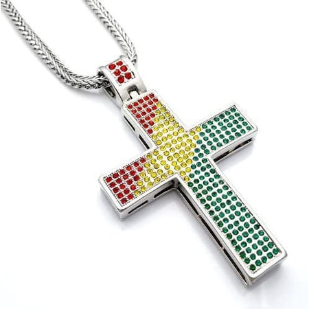 Hip Hop Bling Rodium Plated Sulver Tone Jesus Block Rasta Color Red, Green & Yellow CZ Cross Pendant