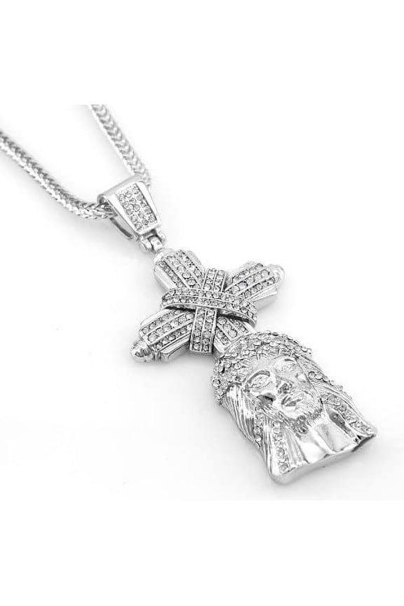 Hip Hop Bling Silver Tone Cross with Jesus Face Pendant Necklace free 36" chain