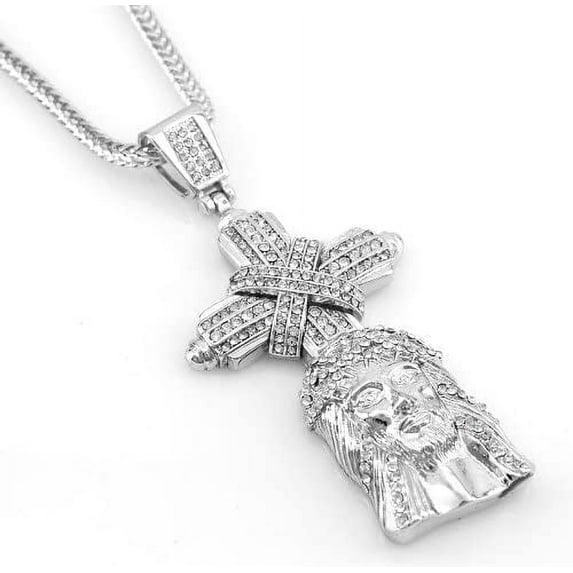 Hip Hop Bling Silver Tone Cross with Jesus Face Pendant Necklace free 36" chain