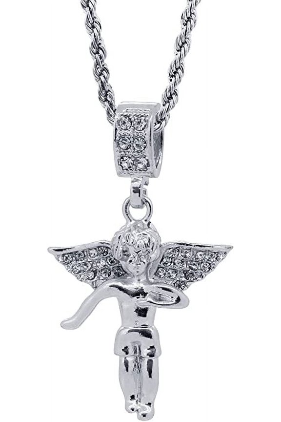Hip Hop Bling Silver Tone Guardian Angel Pendant 24" Rope Chain #1036
