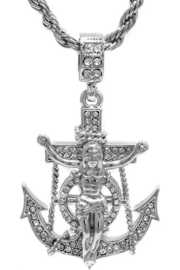 Hip Hop Bling Silver Tone Jesus Cross And Anchor Pendant 24" Rope Chain #1075