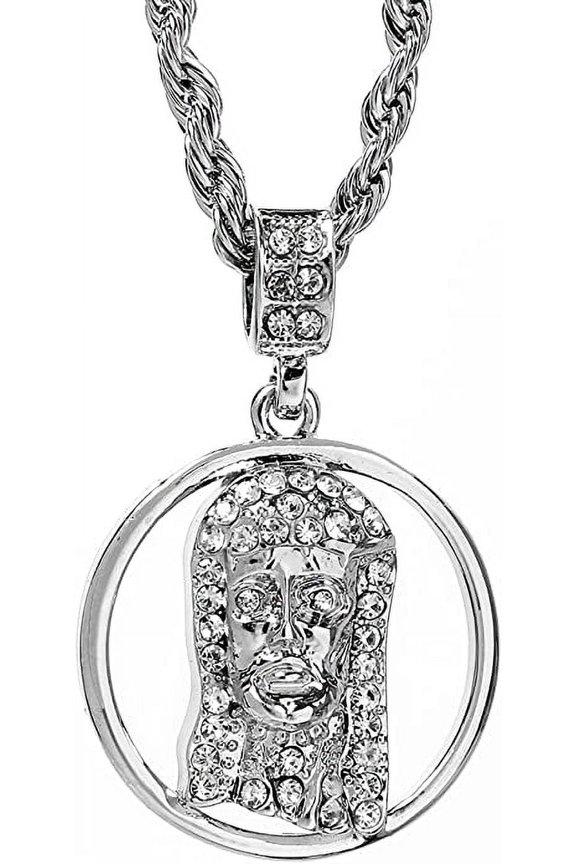 Hip Hop Bling Silver Tone Jesus Face Pendant 24" Rope Chain #1067