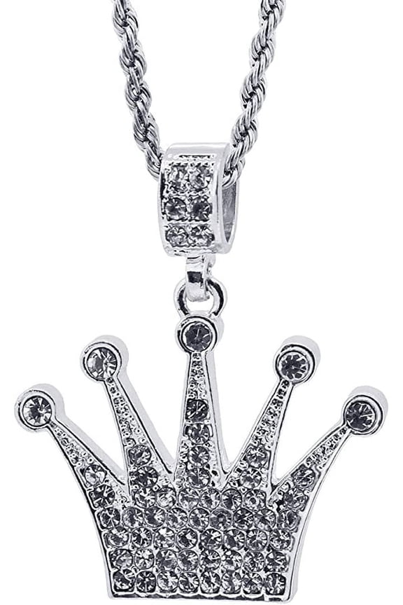 Hip Hop Bling Silver Tone King Crown Pendant 24" Rope Chain #1048