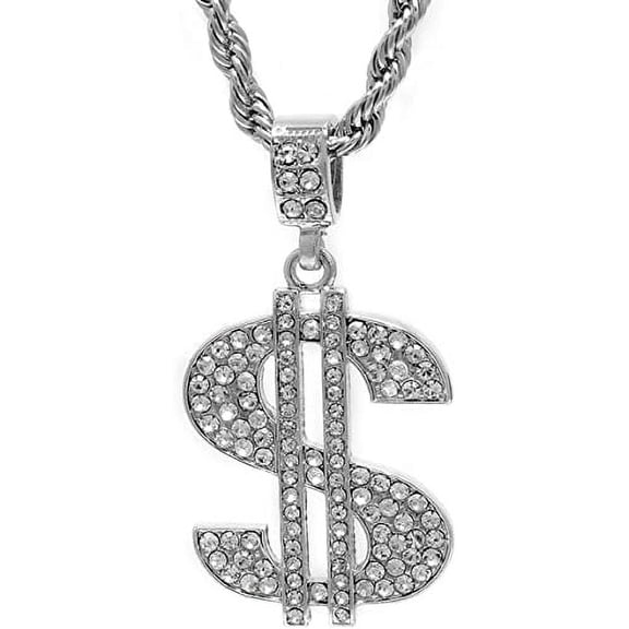 Hip Hop Bling Silver Tone Millionaire Dollar Sign $ Pendant 24" Rope Chain #1087