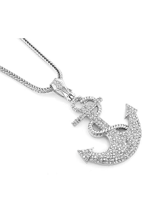 Hip Hop Bling Silver Tone Nautical Anchor & Rope Pendant Necklace free 36" chain