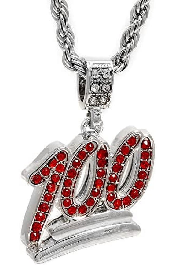 Hip Hop Bling Silver Tone Red CZ The Emoji 100 Pendant 24" Rope Chain #1068