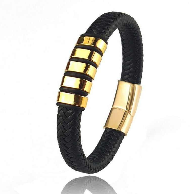 Hip Hop Braided Leather Charm Bracelet for Men and Boys With Stainless Steel Clasp