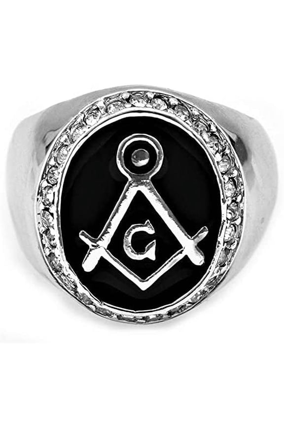 Hip-Hop CZ Silver Tone Mason Masonic Black Enamel Men's Ring Size 12 #3
