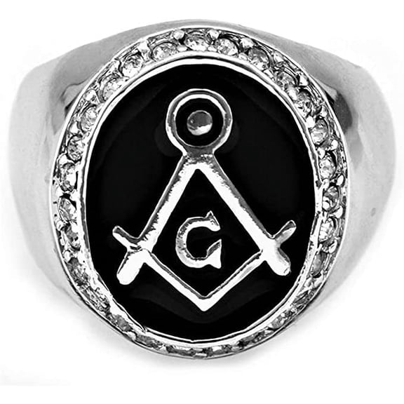 Hip-Hop CZ Silver Tone Mason Masonic Black Enamel Men's Ring Size 7 #3